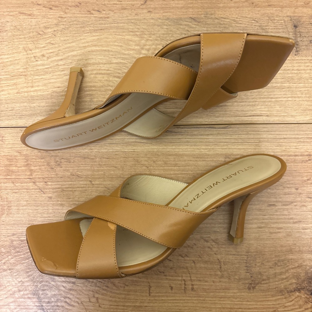 STUART WEITZMAN Dayna Sandal Heels Size 8.5 Macchiato Tan Leather Square Toe - Picture 8 of 11